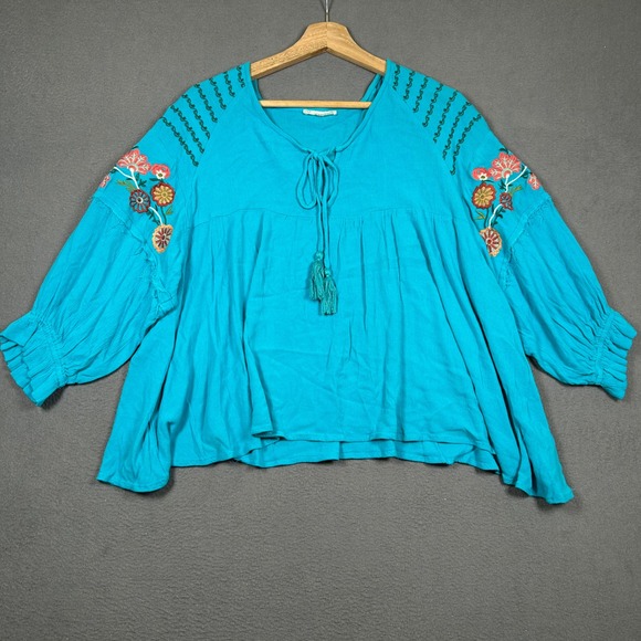easel Tops - Easel Top Womens M Turquoise Blue Embroidered Boho Tassel Peasant Blouse ET20348